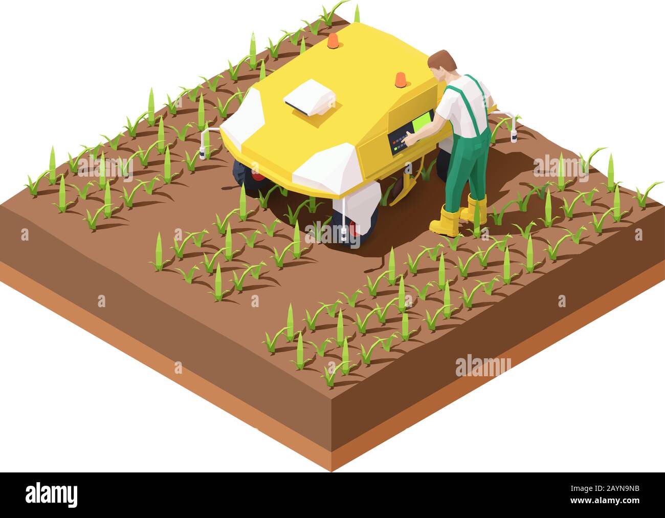 Vector isometric agricultural robot EV working in crop field Stock Vector