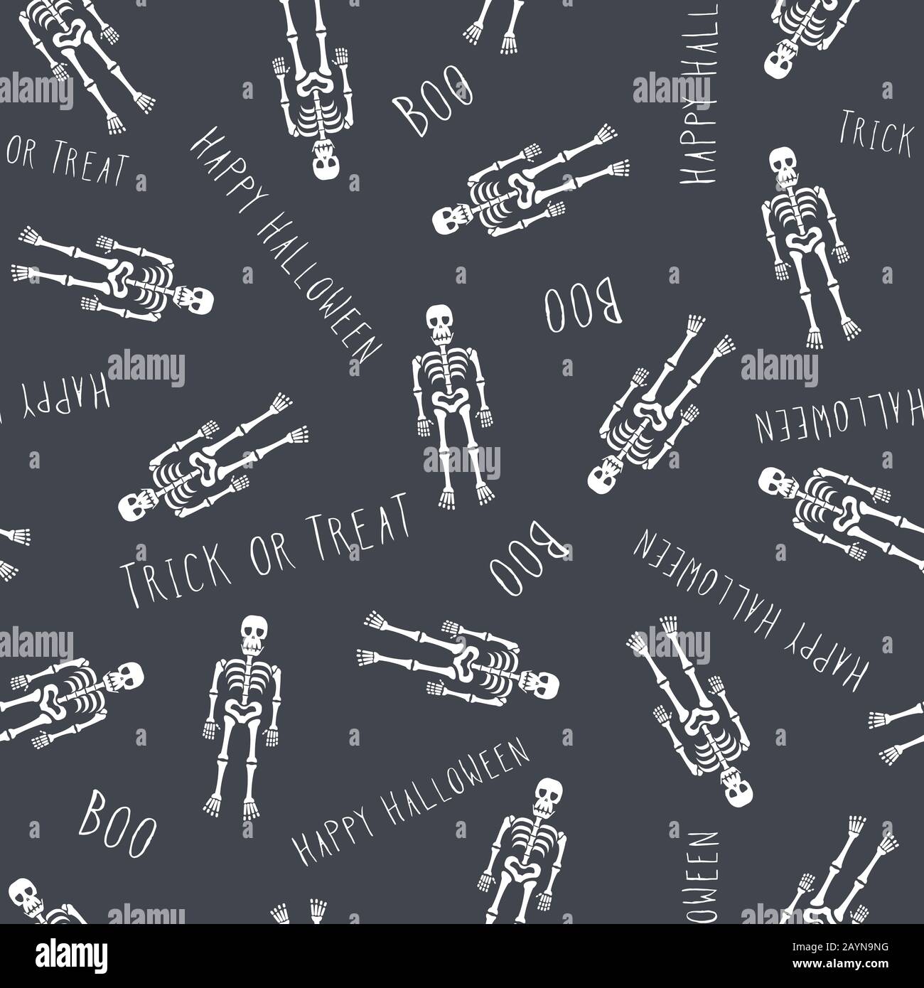 Seamless pattern. Human skeletons. Isolated on grey background. Happy Halloween pattern. Handlettering. Background, wallpaper. Vector. Stock Vector