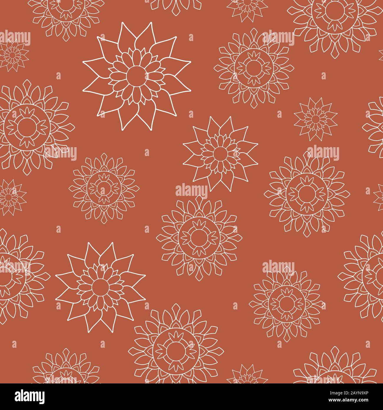 Seamless repeat pattern, eastern style. White floral mandalas on orange background. Oriental decorative motifs perfect for printing on fabric or paper. Stock Vector