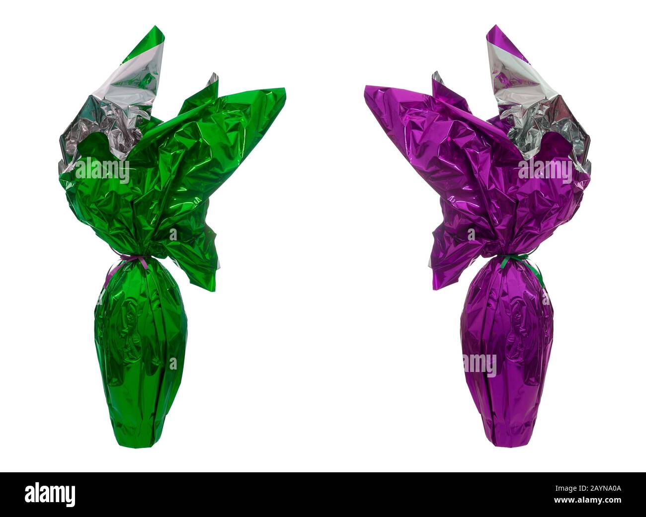 Gift wrapped chocolate Easter eggs isolated on white. Stock Photo