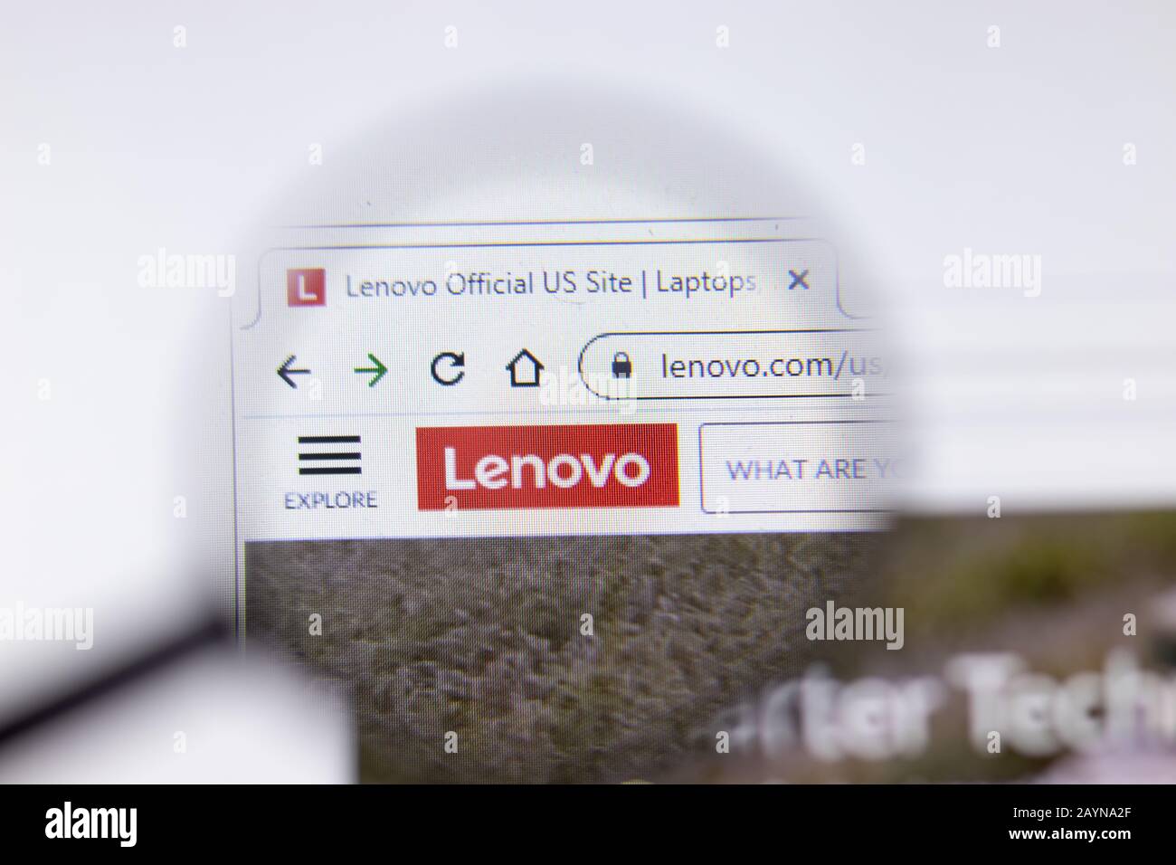 Saint-Petersburg, Russia - 18 February 2020: Lenovo company website page logo on laptop display. Screen with icon, Illustrative Editorial Stock Photo