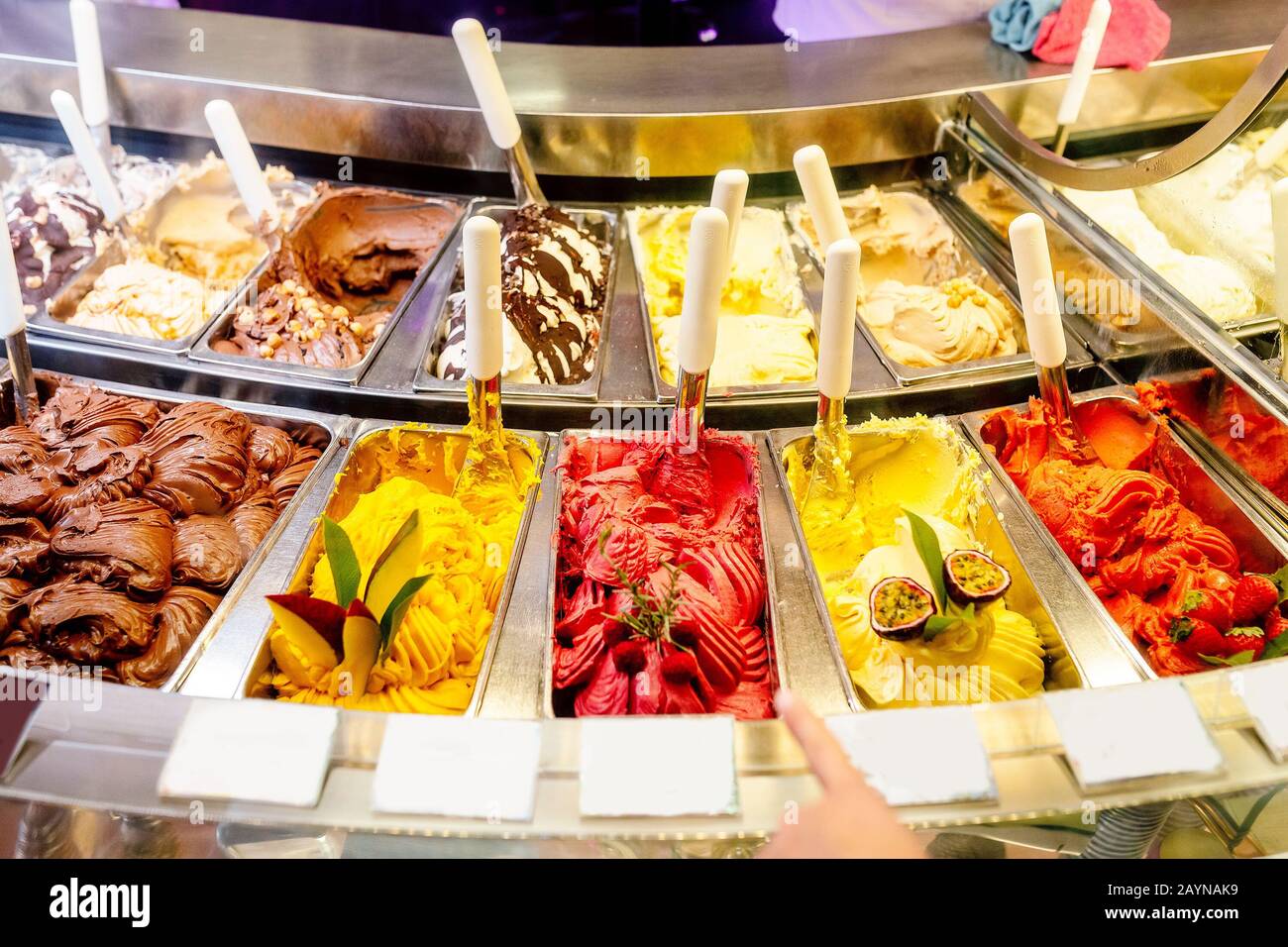 various flavors of gelato icecream at the showcase in dessert shop
