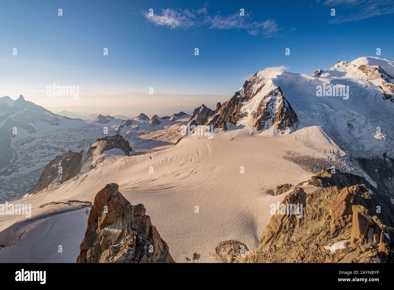 A landscape view of Mont Blanc on a sunny morning from the Aiguille du ...