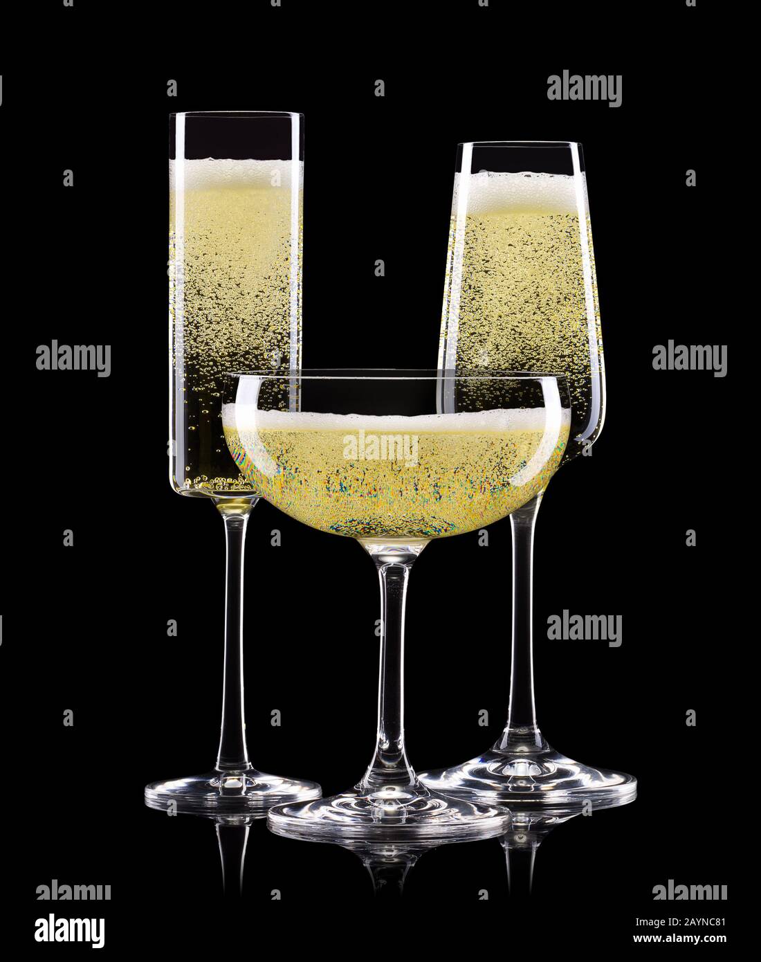 Set of luxury champagne glasses in a row isolated on a black background Stock Photo Alamy