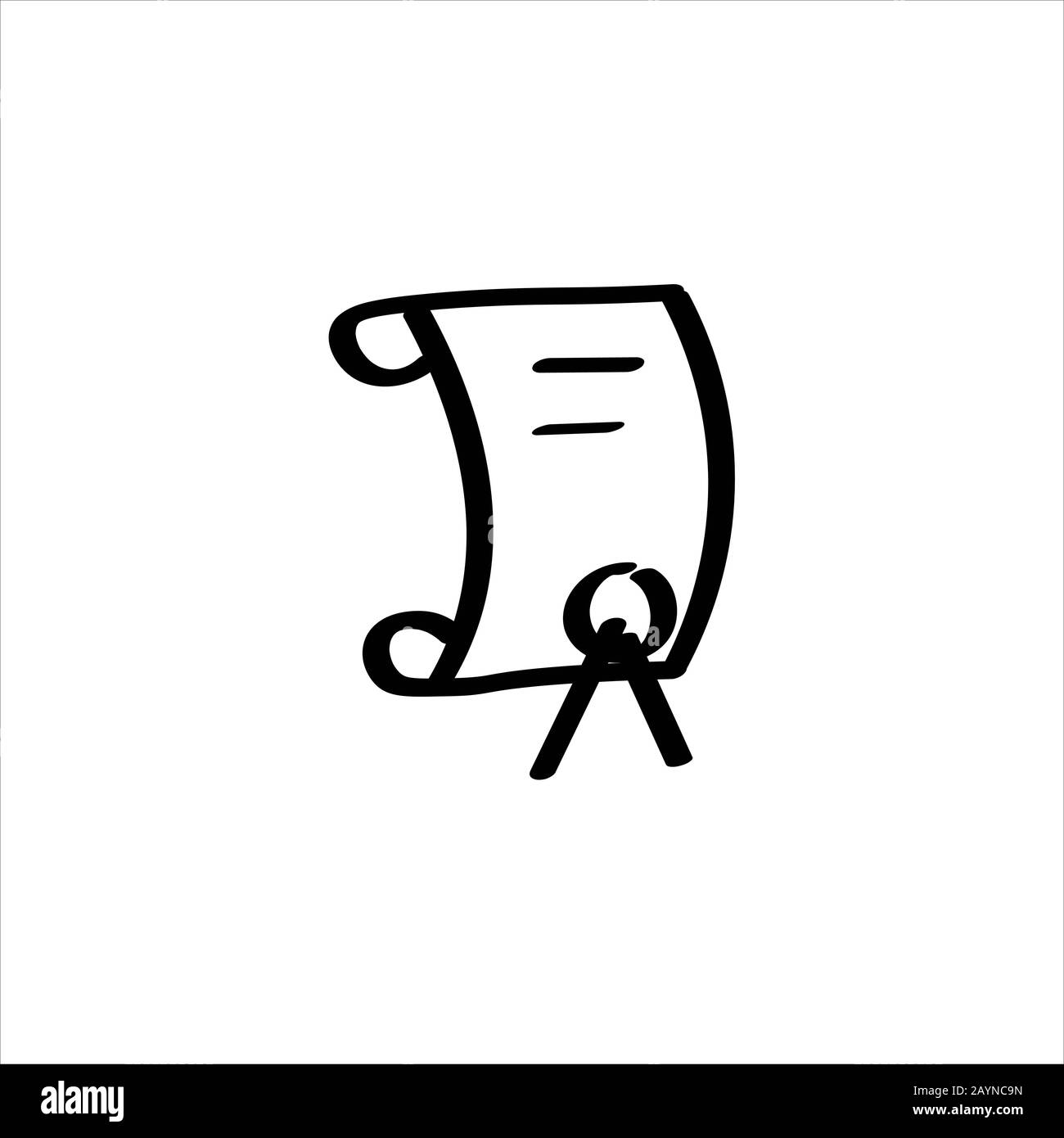 Icon sign with certificate or charter for Courses section. Black hand draw doodle sketch can be used in greeting cards, posters, flyers, banners, logos, web design, CV etc. Vector illustration. EPS10 Stock Vector