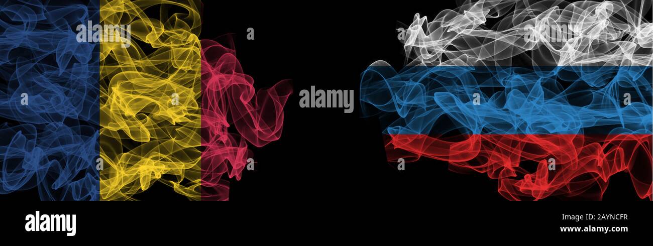 Flags of Romania and Russia on Black background, Romania vs Russia ...