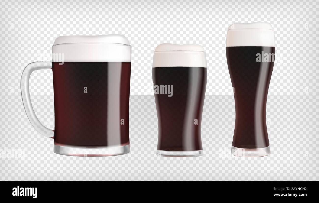 Three different dark beer glasses and mugs Stock Vector