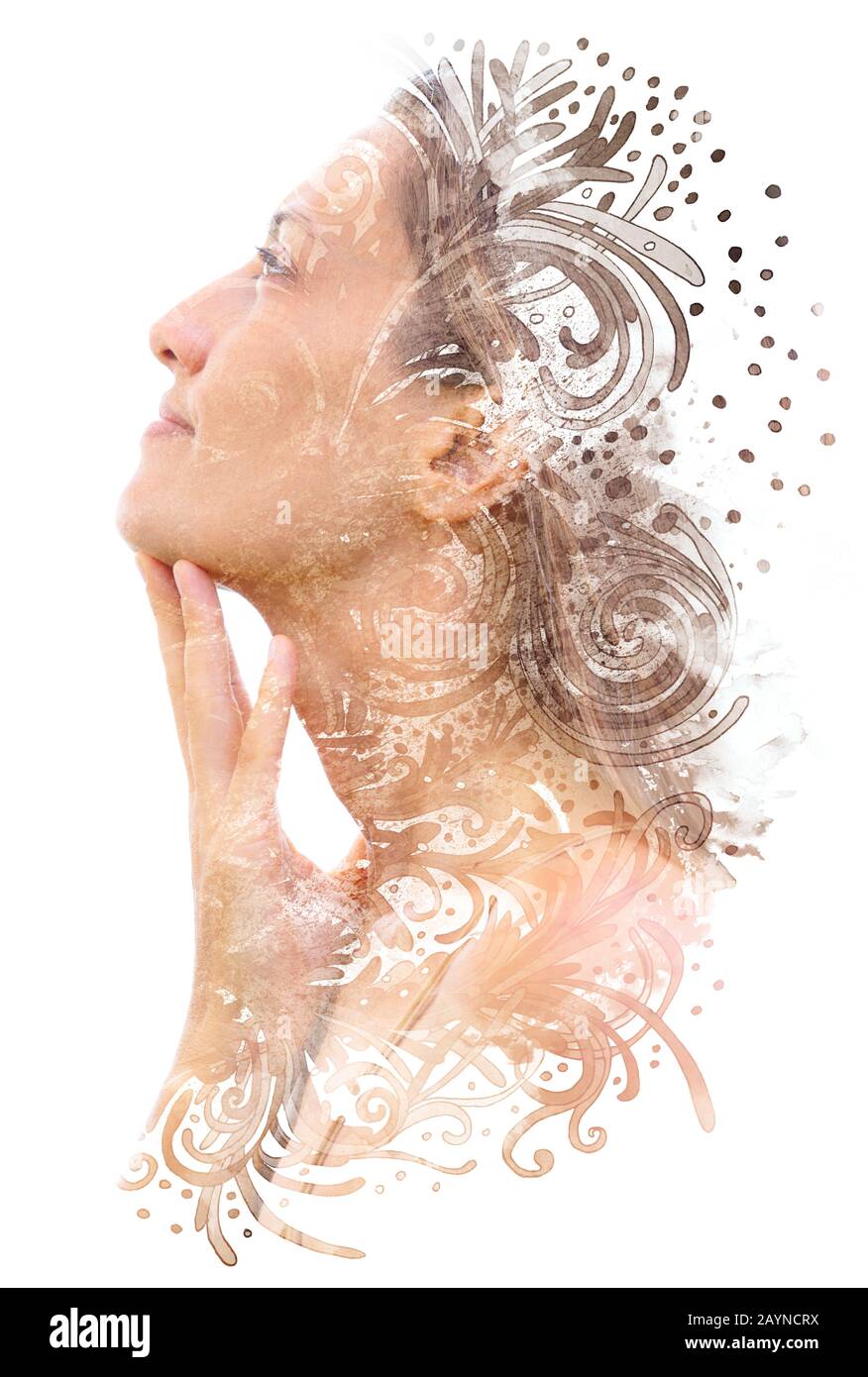 Paintography. A portrait combined with an illustration Stock Photo