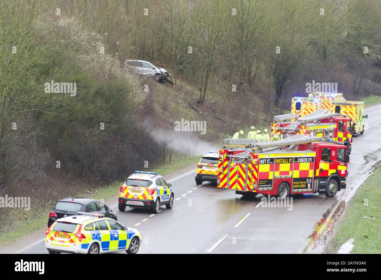 Hertford, UK. 16th Feb, 2020. A car has crashed onto the A10 verge near Hertford. Several emergency vehicles attended and the road was closed at junction before the accident. The incident was on the southbound side of the A10. Credit: Andrew Steven Graham/Alamy Live News Stock Photo