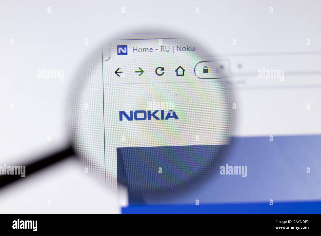 Saint-Petersburg, Russia - 18 February 2020: Nokia company website page logo on laptop display. Screen with icon, Illustrative Editorial Stock Photo