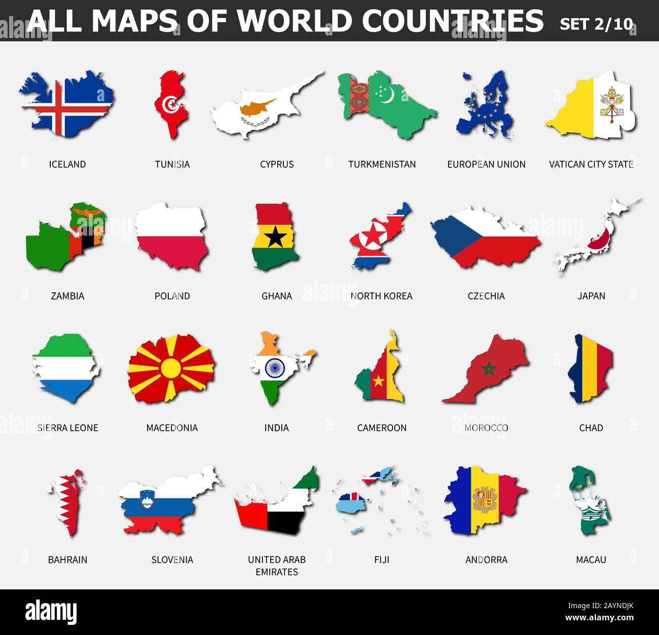 All maps of world countries and flags . Set 2 of 10 . Collection of outline shape of international country map with shadow . Flat design . Vector . Stock Vector