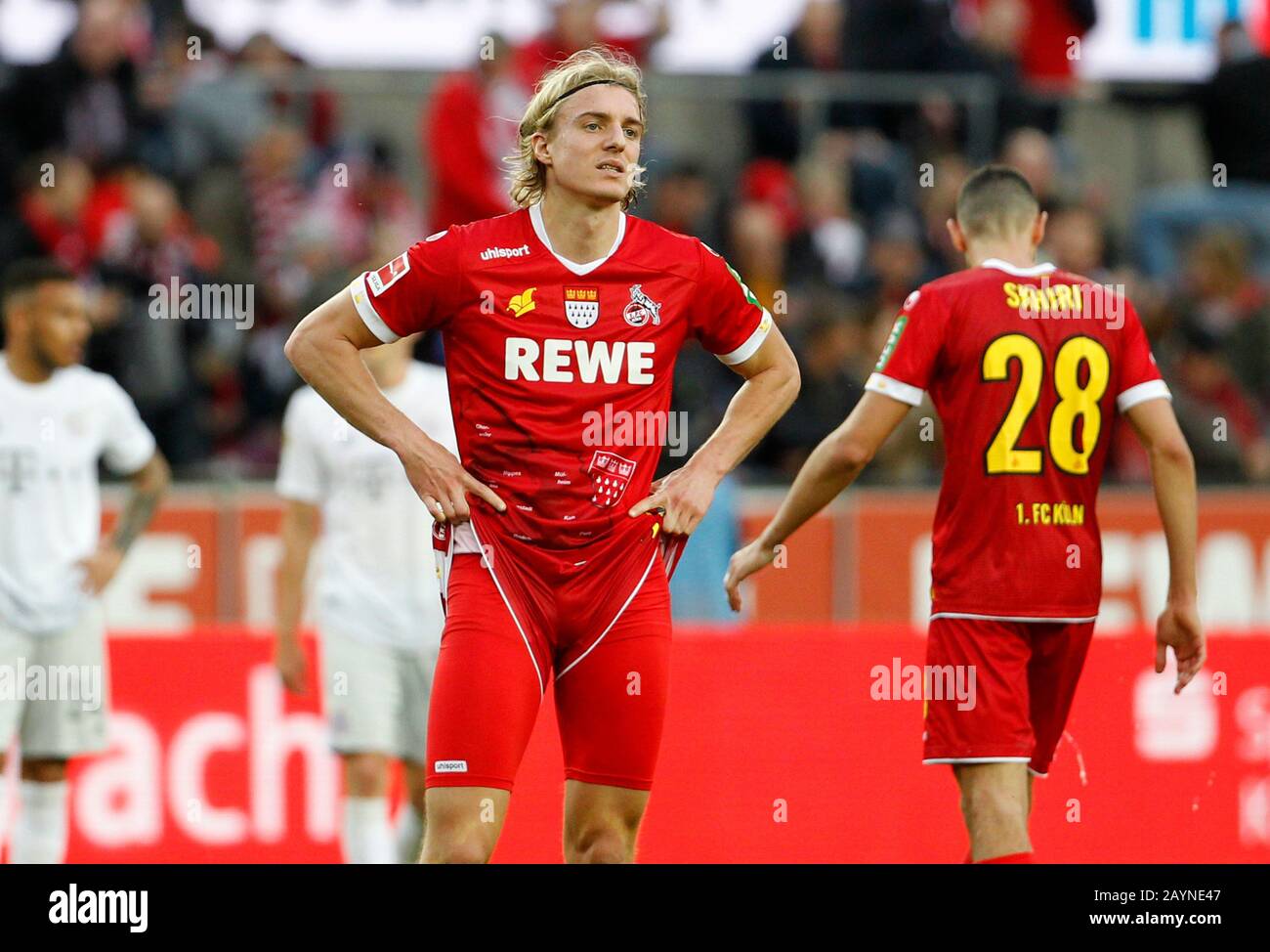 Koeln, Germany, RheinEnergieStadion, 16th Feb 2020: Sebastiaan Bernauw of Koeln disappointed after the first Bundesliga match 1.FC Koeln vs. FC Bayern Muenchen in the season 2019/2020.  DFL regulations prohibit any use of photographs as image sequences and/or quasi-video. Credit: Mika Volkmann/Alamy Live News Stock Photo