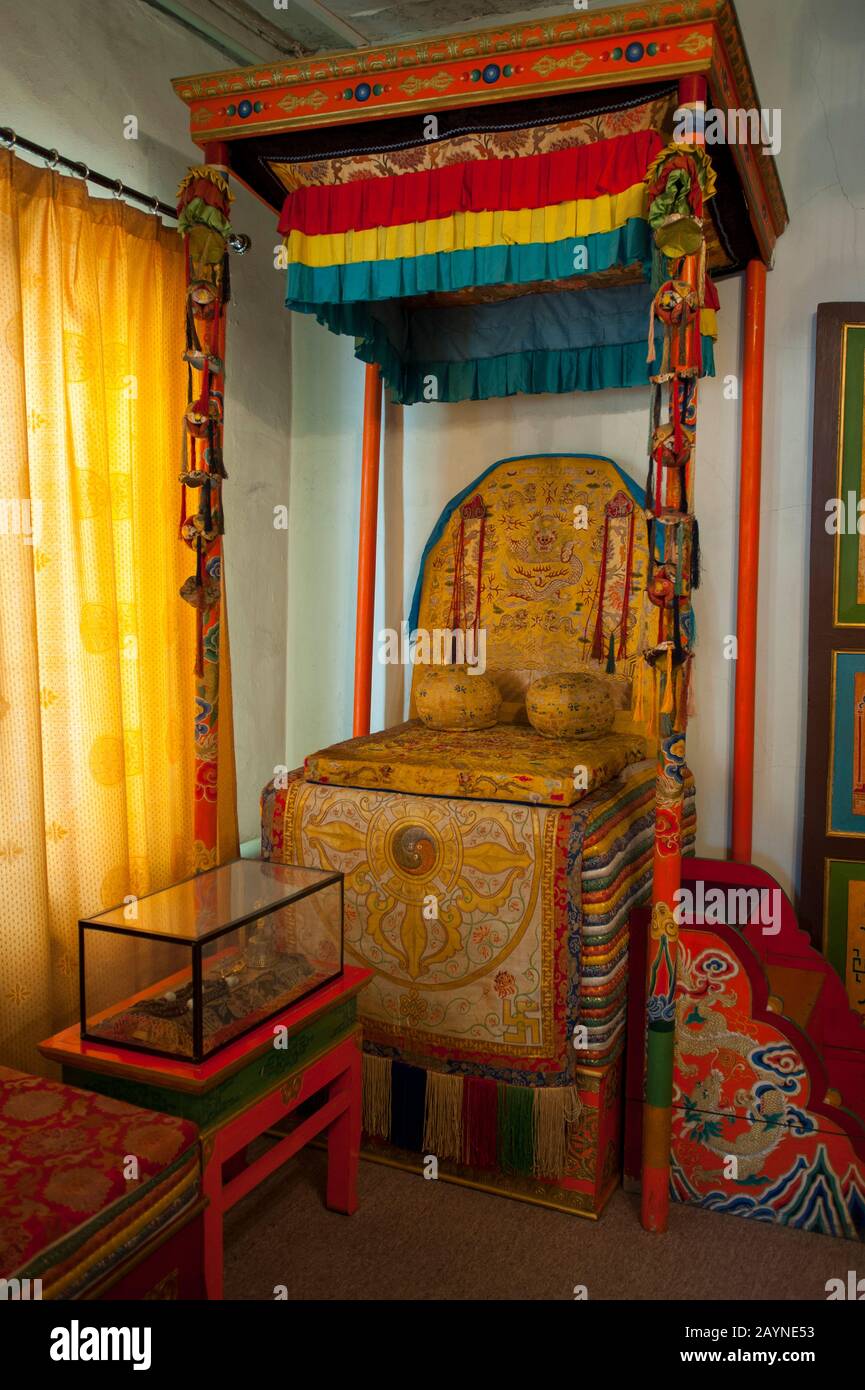 The throne in the Winter Palace of the Bogd Khan, built between 1893 and 1906, is located in southern Ulaanbaatar, Mongolia. Stock Photo