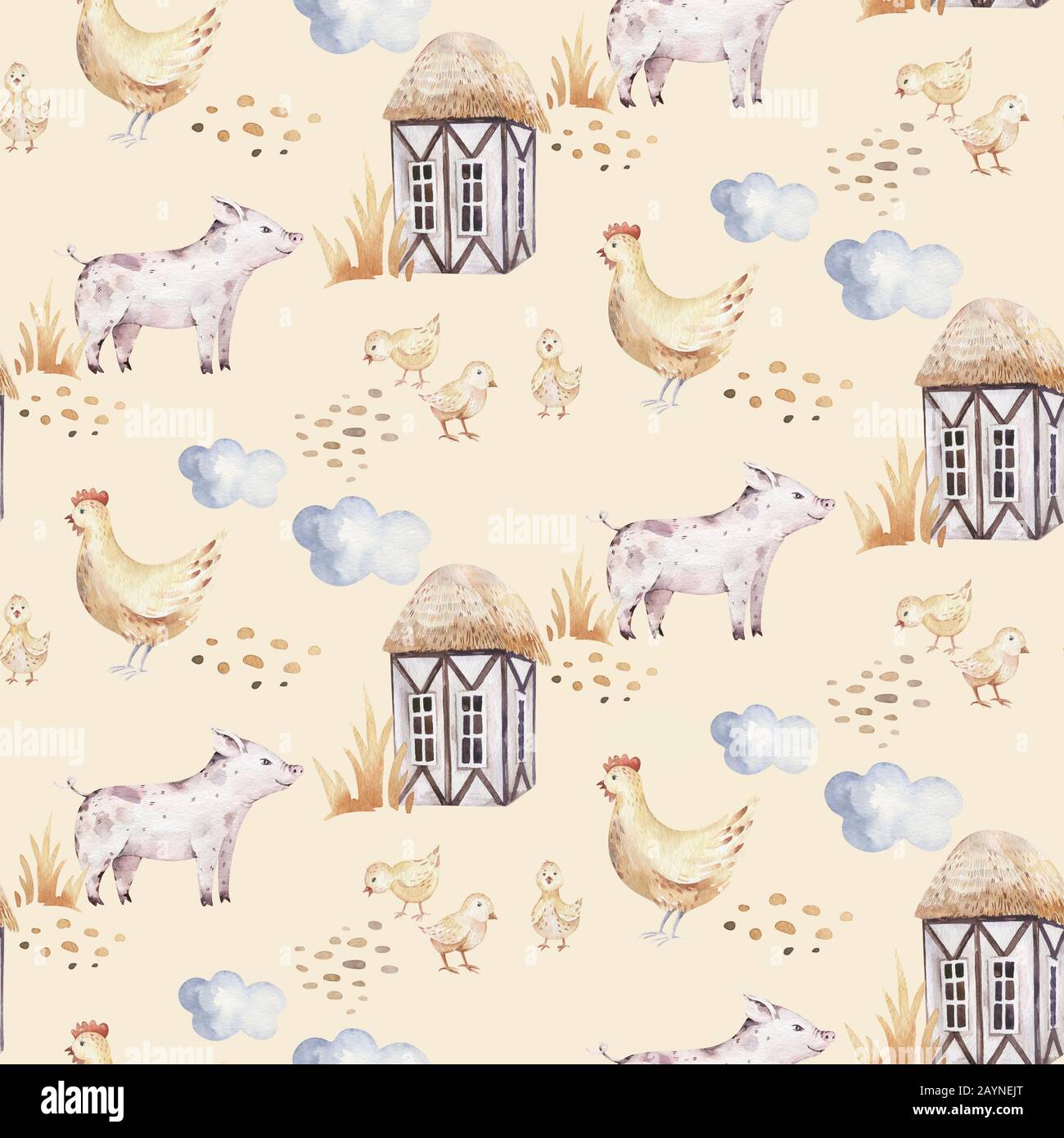 watercolor seamless pattern with cute farm animals with goat, horse, goose  and cow. chicken and pig domestic animal illustration Stock Photo - Alamy
