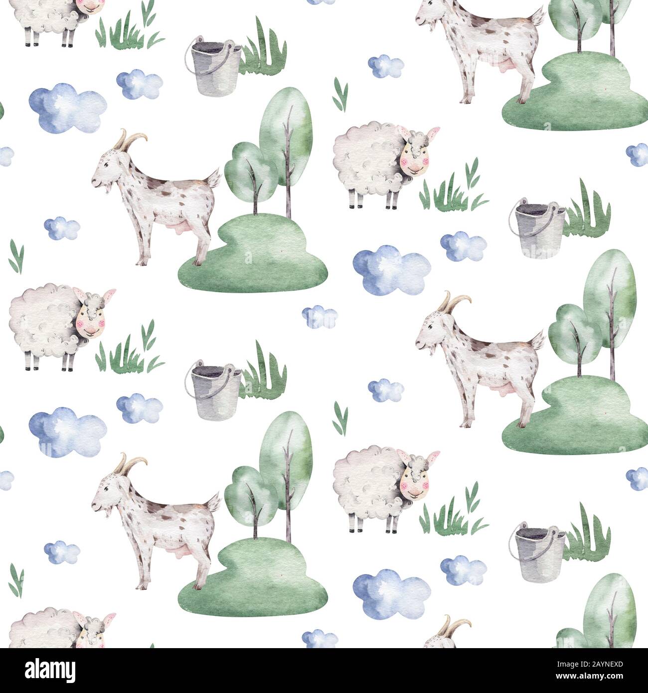 watercolor seamless pattern with cute farm animals with goat, horse ...