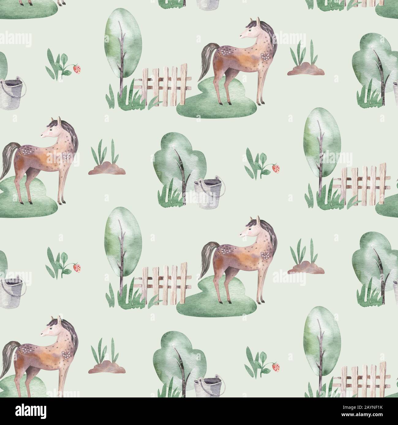 watercolor seamless pattern with cute farm animals with goat, horse ...
