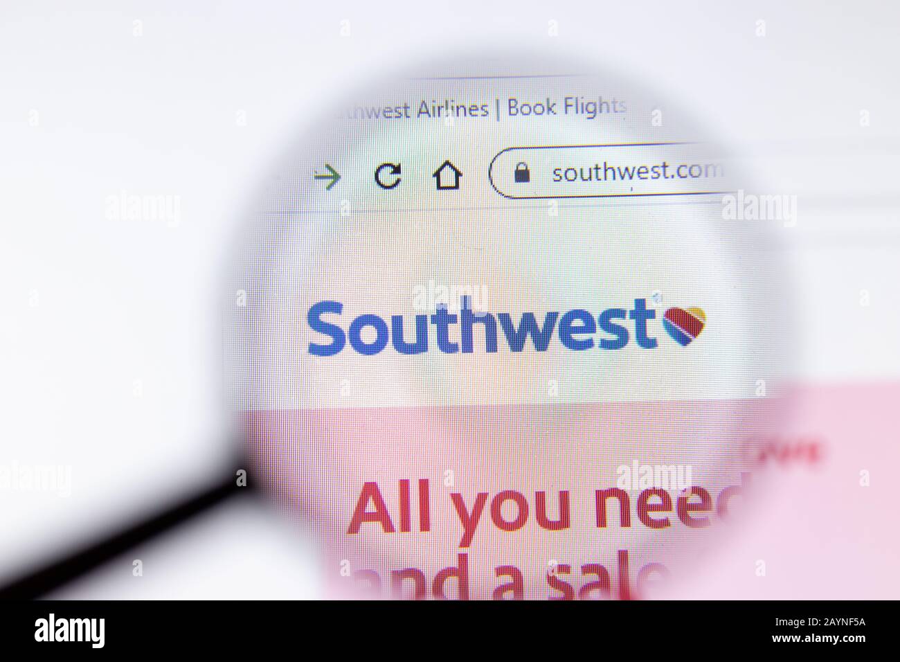 Saint-Petersburg, Russia - 18 February 2020: Southwest Airlines company website page logo on laptop display. Screen with icon, Illustrative Editorial Stock Photo
