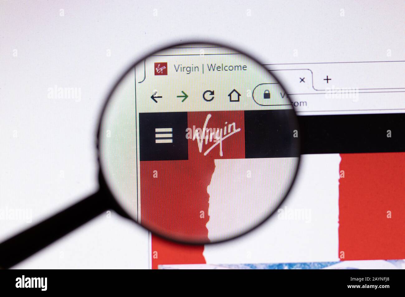 Saint-Petersburg, Russia - 18 February 2020: Virgin Group company website page logo on laptop display. Screen with icon, Illustrative Editorial Stock Photo