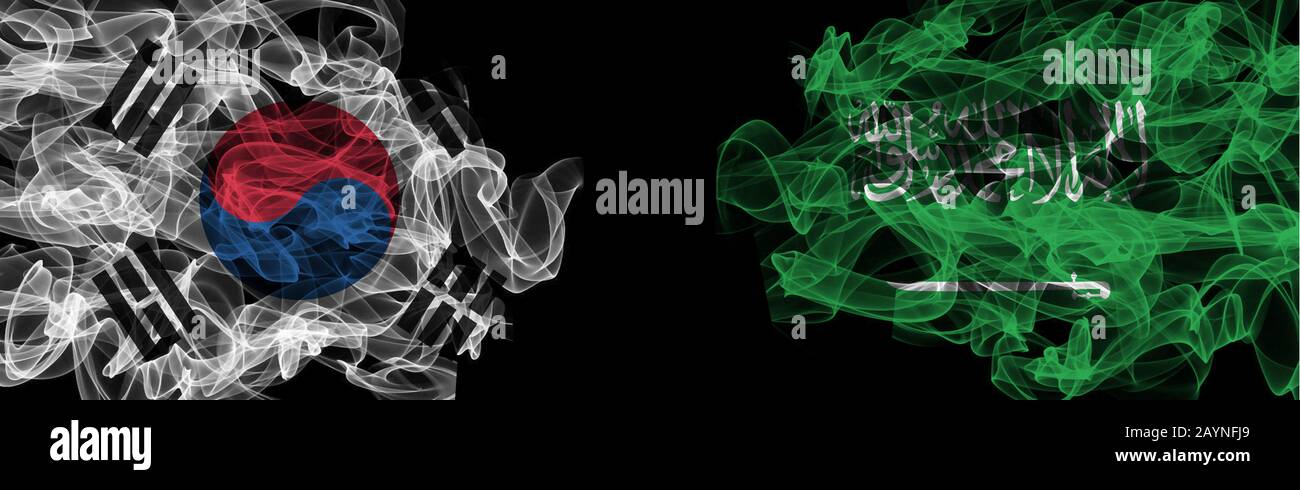 Flags of South Korea and Saudi Arabia on Black background, South Korea