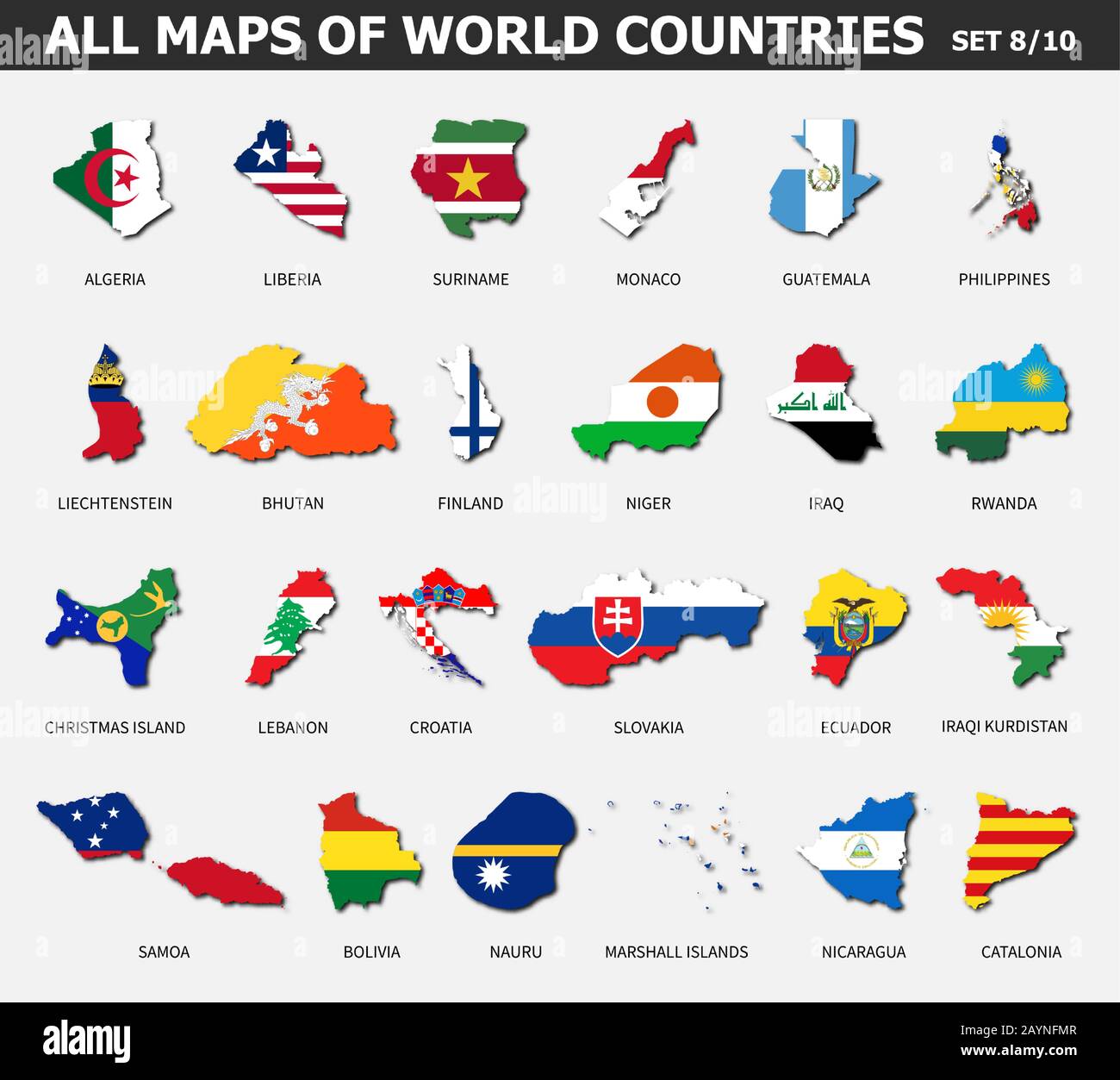 All maps of world countries and flags . Set 8 of 10 . Collection of outline shape of international country map with shadow . Flat design . Vector . Stock Vector