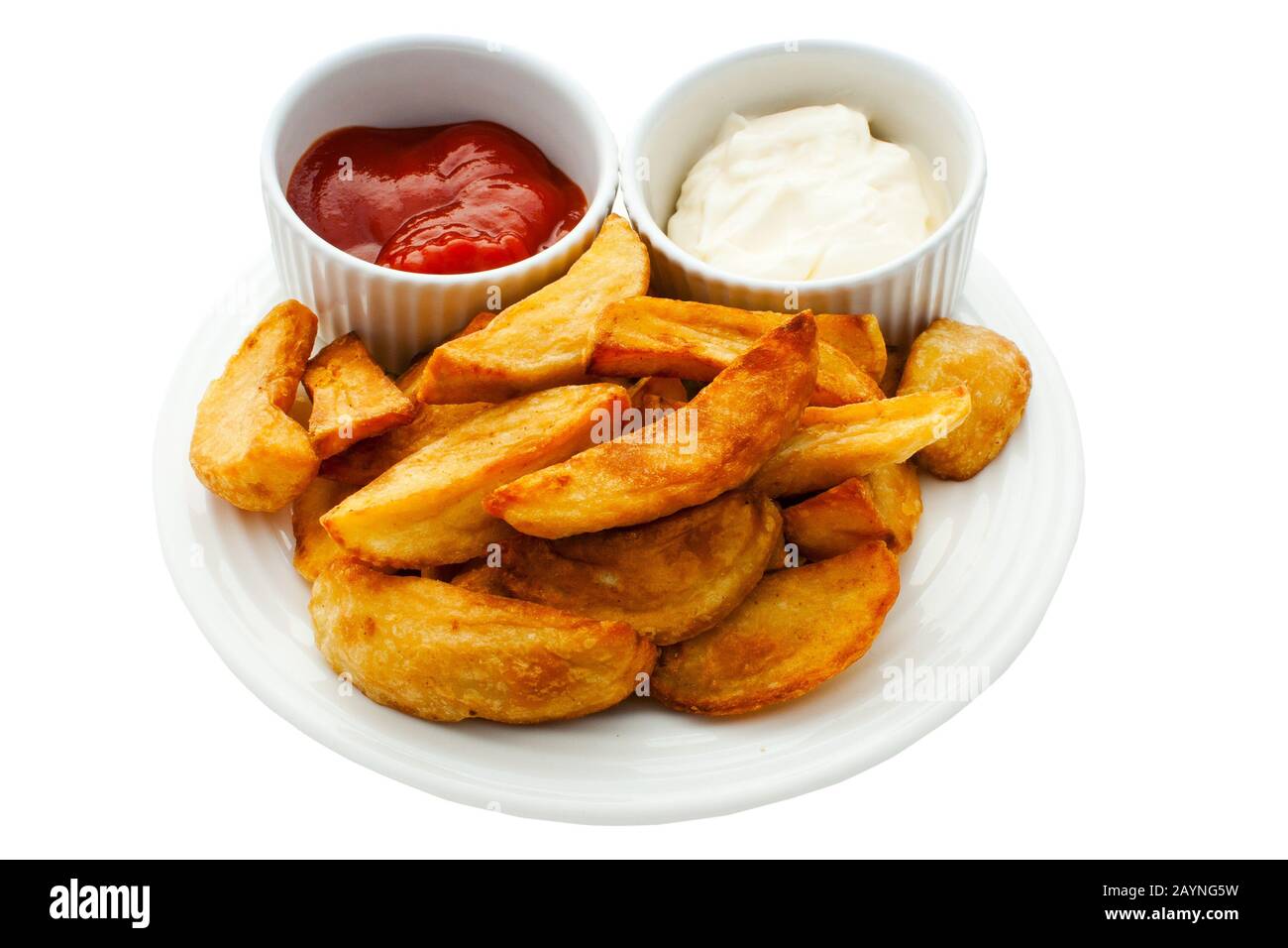 Chips with mayonnaise and tomato dips on an isolated white background