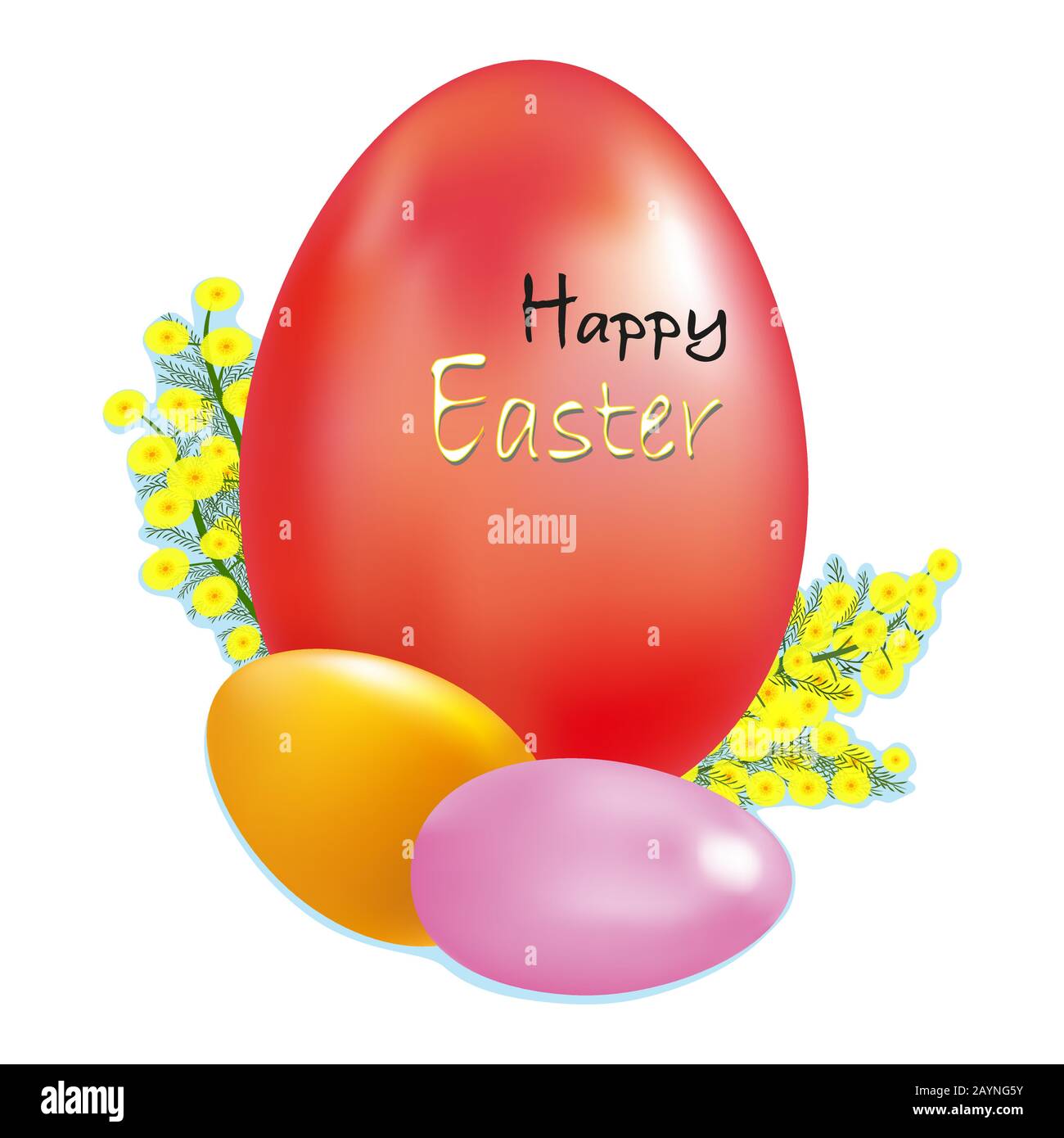 Happy Easter. Easter egg .Mimosa Flowers. Isolated white Vector Stock Vector