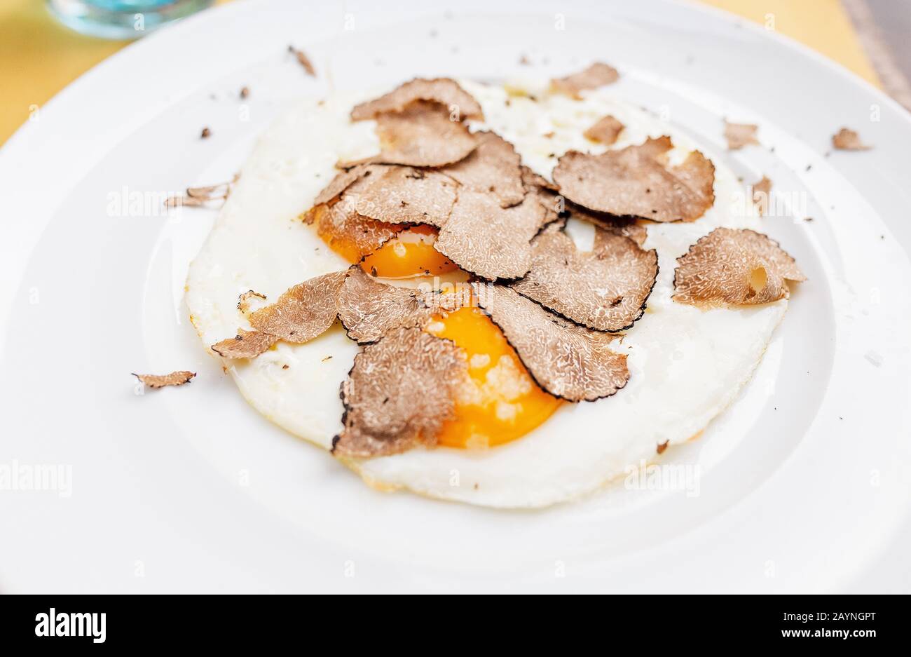 Fried eggs with truffle chips on a plate, italian cuisine and fine
