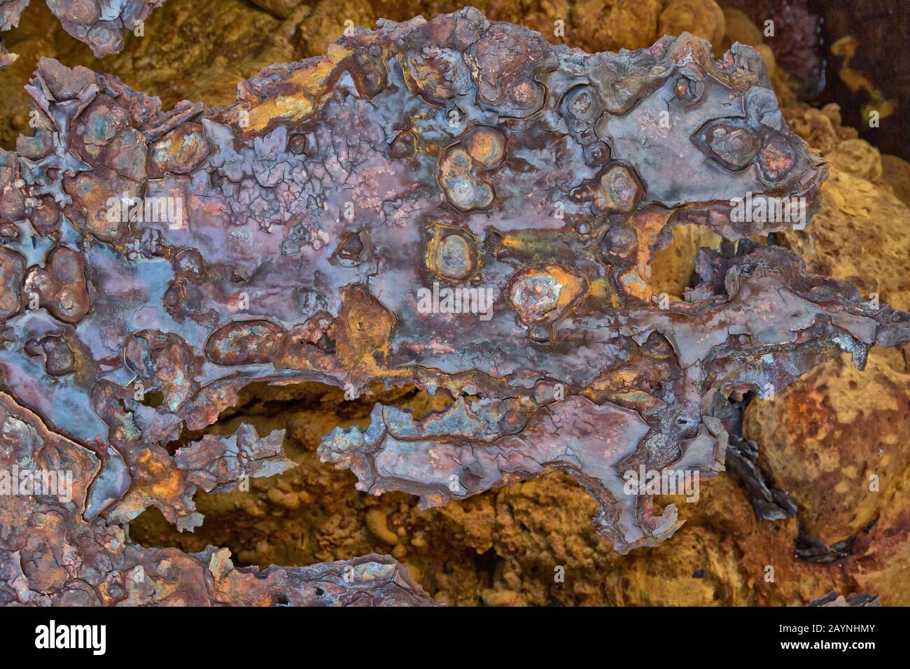 Corroding, pitted  metal surface due to coastal influence. Stock Photo