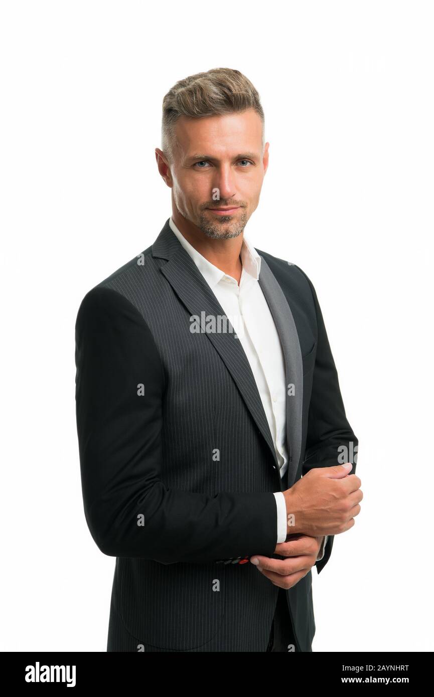 Successful businessman. Well groomed business man white background. Man