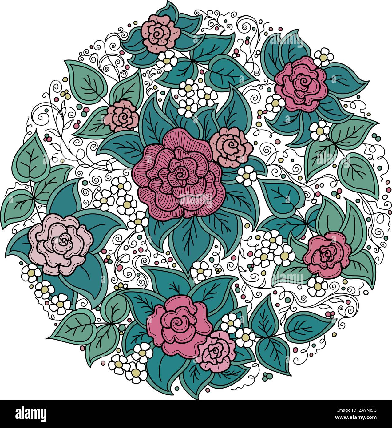 vector circle floral pattern with roses and leaves Stock Vector
