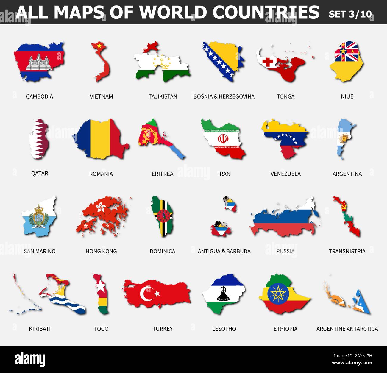 All maps of world countries and flags . Set 3 of 10 . Collection of outline shape of international country map with shadow . Flat design . Vector . Stock Vector