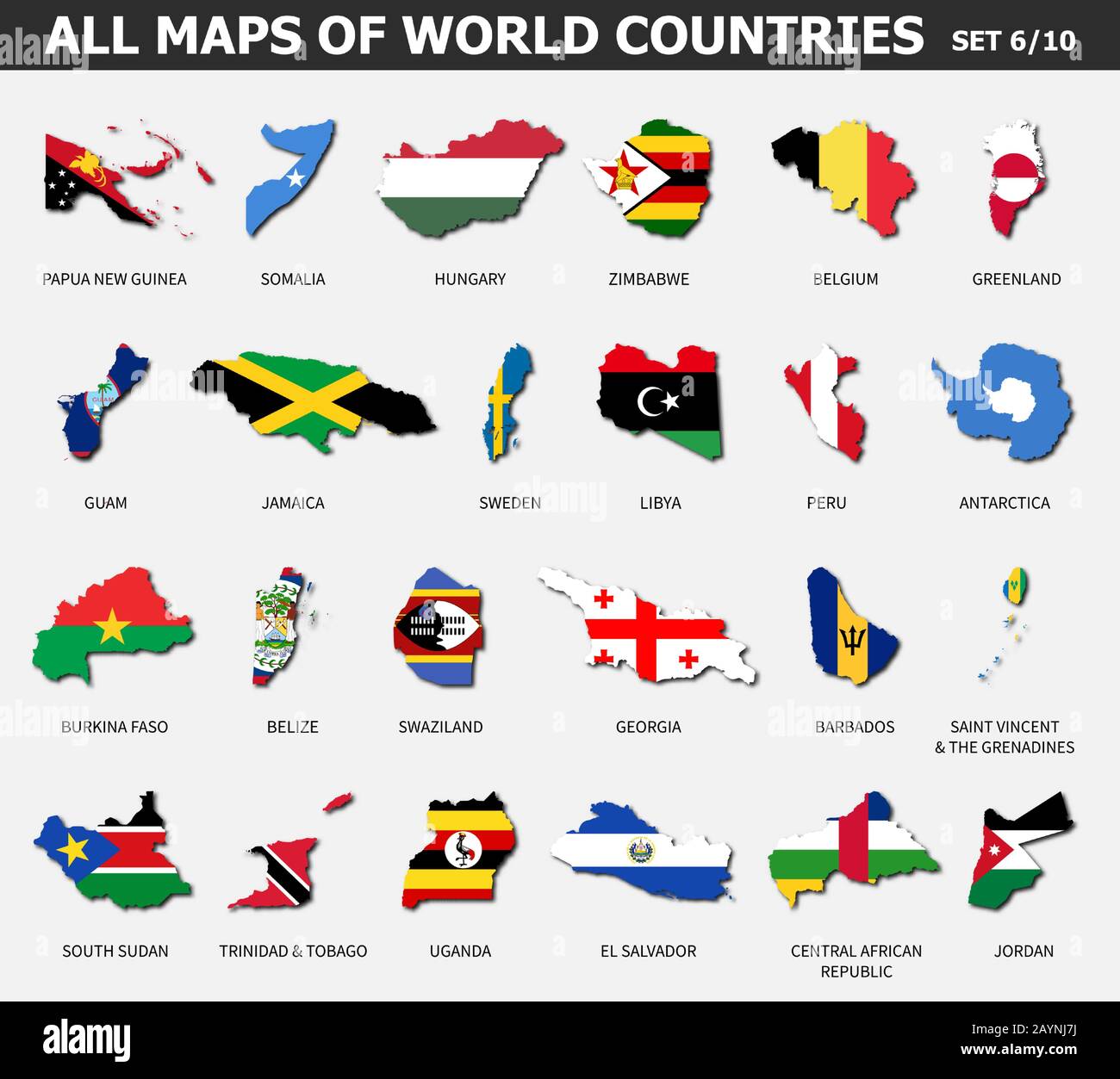 All maps of world countries and flags . Set 6 of 10 . Collection of outline shape of international country map with shadow . Flat design . Vector . Stock Vector