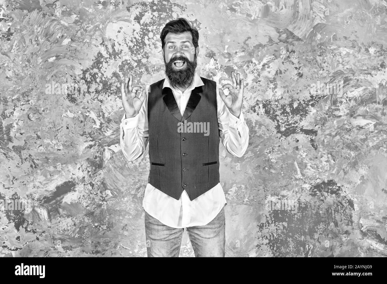 Jewish holiday. Emotional expression. Charming jewish person. Bearded jewish man. Jewish traditions. Purim festival holiday celebration judaism. Guy mature bearded stylish dressed in shirt and vest. Stock Photo