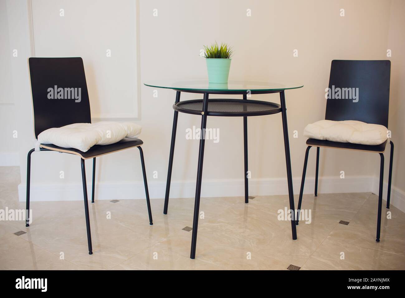 Glass Table And White Modern Chairs In Dining Room Interior Stock Photo Alamy