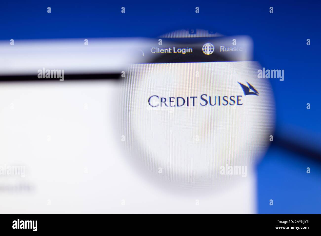 Saint-Petersburg, Russia - 18 February 2020: Credit Suisse company website page logo on laptop display. Screen with icon, Illustrative Editorial Stock Photo