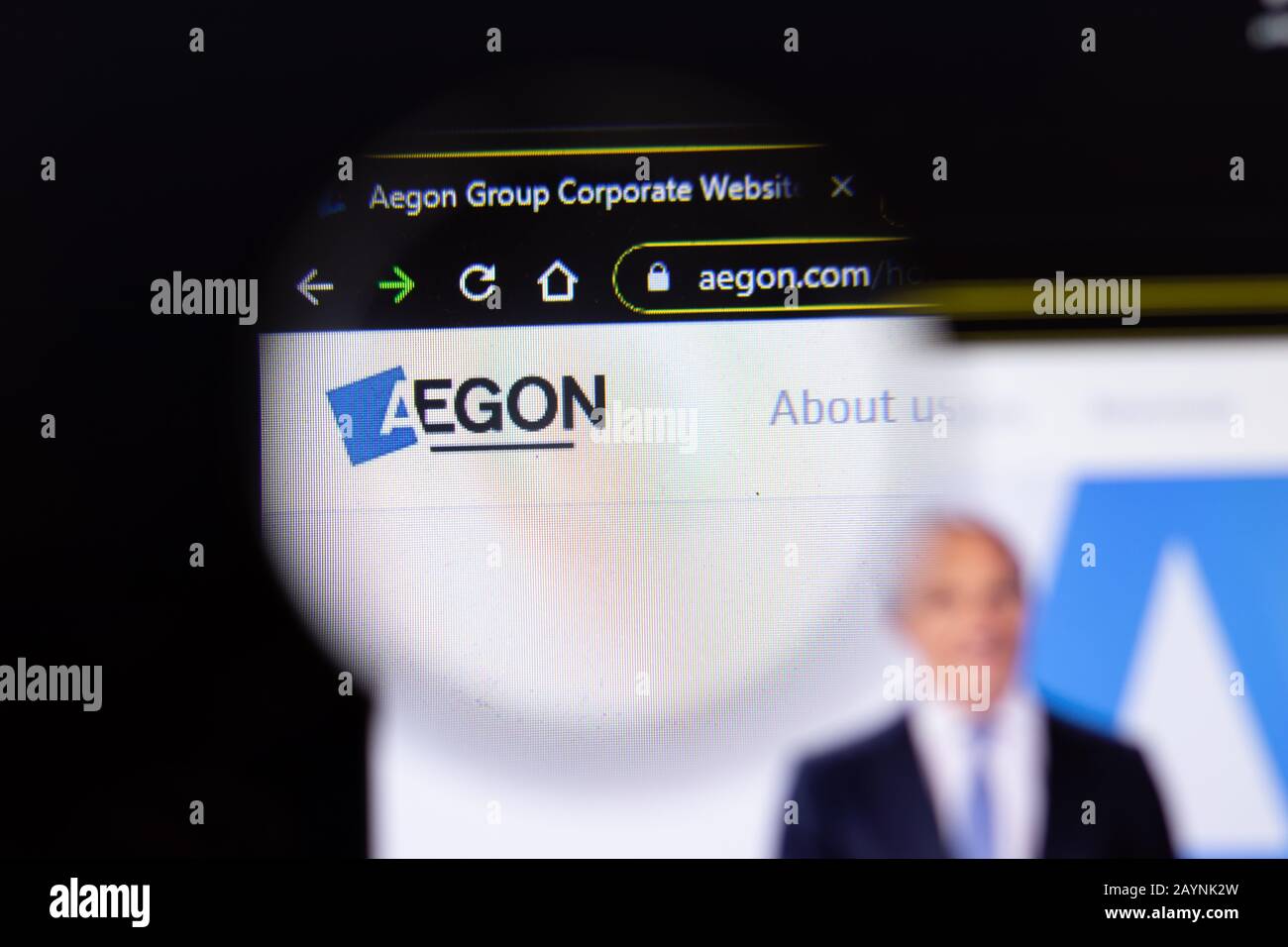 Saint-Petersburg, Russia - 18 February 2020: Aegon company website page logo on laptop display. Screen with icon, Illustrative Editorial Stock Photo