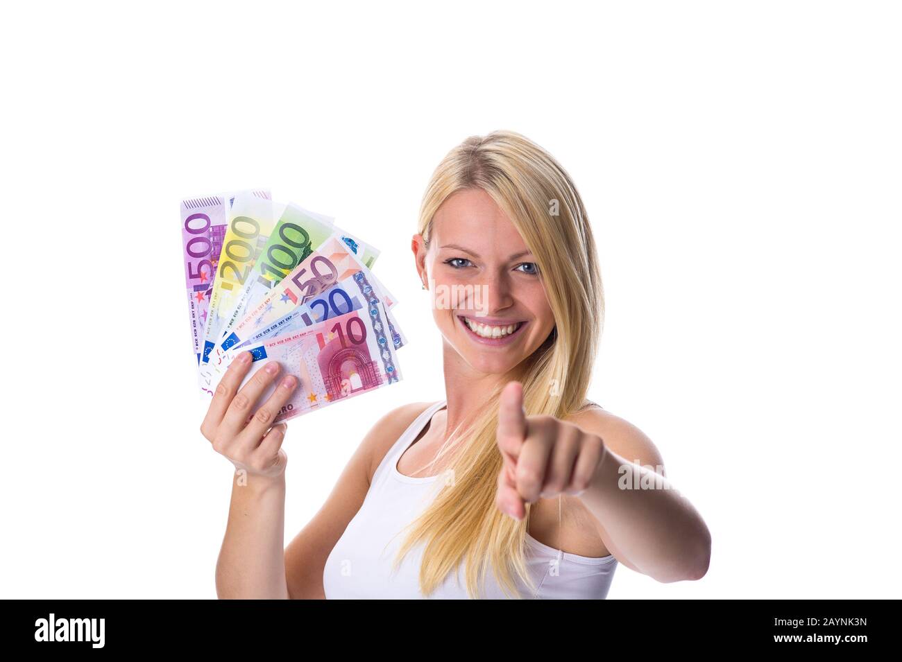 Blondine mit verschiedenen Euro-Banknoten in der Hand Stock Photo