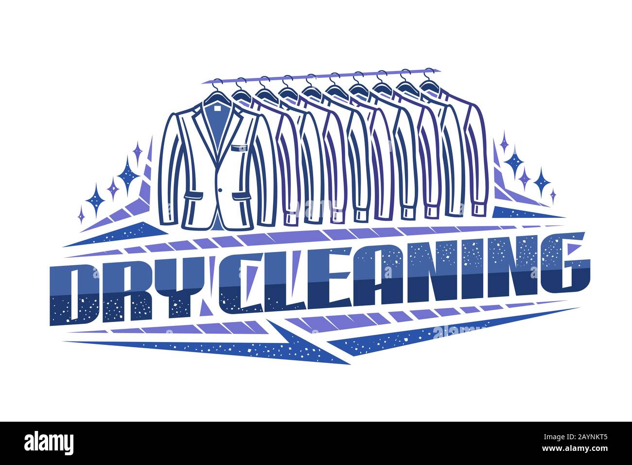 Vector logo for Dry Cleaning, blue decorative sign board with contour illustration of trendy tuxedos and shirts hanging on rack in a row, creative typ Stock Vector