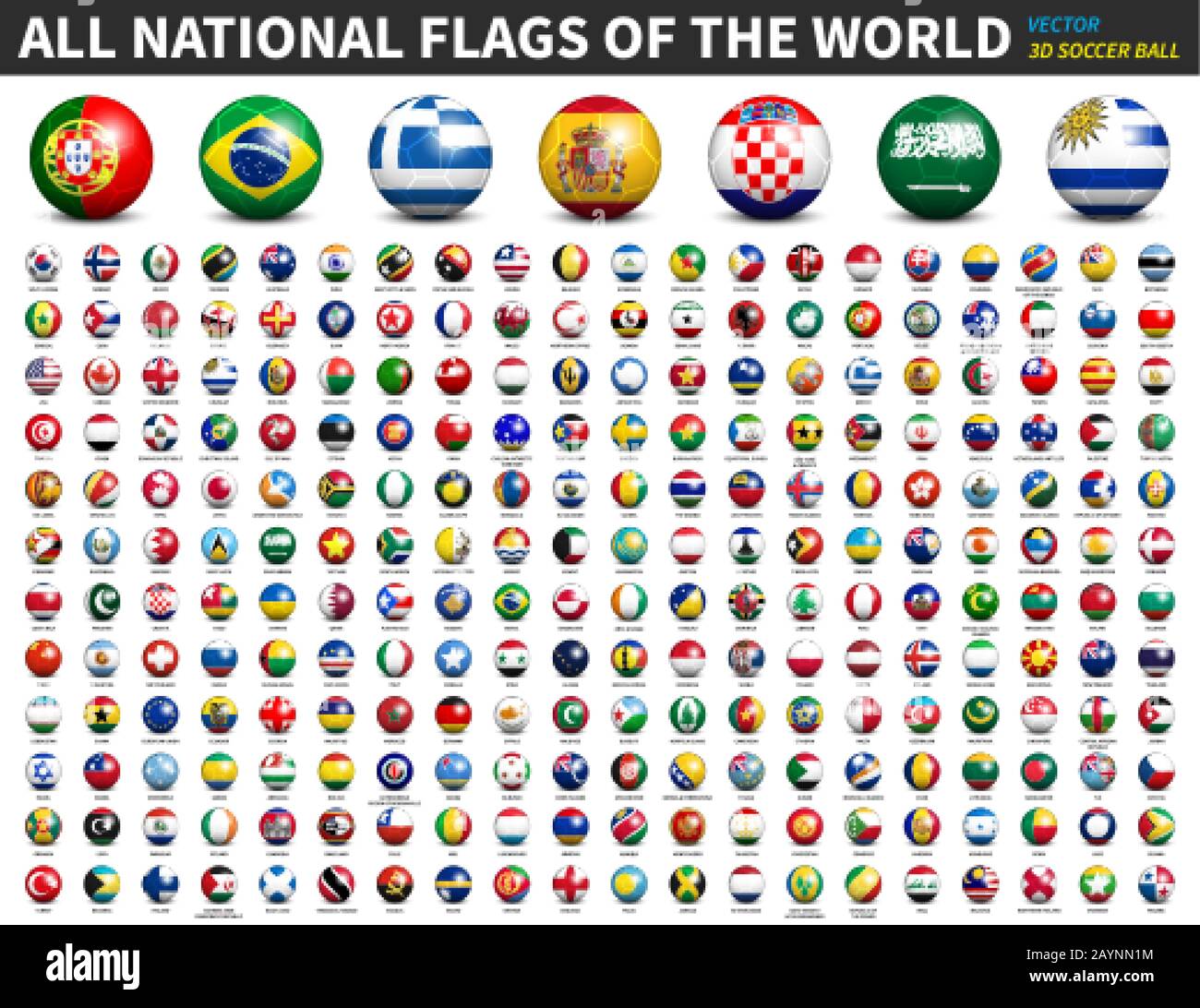 All national flags of the world . 3D Soccer ball or football design . Vector . Stock Vector