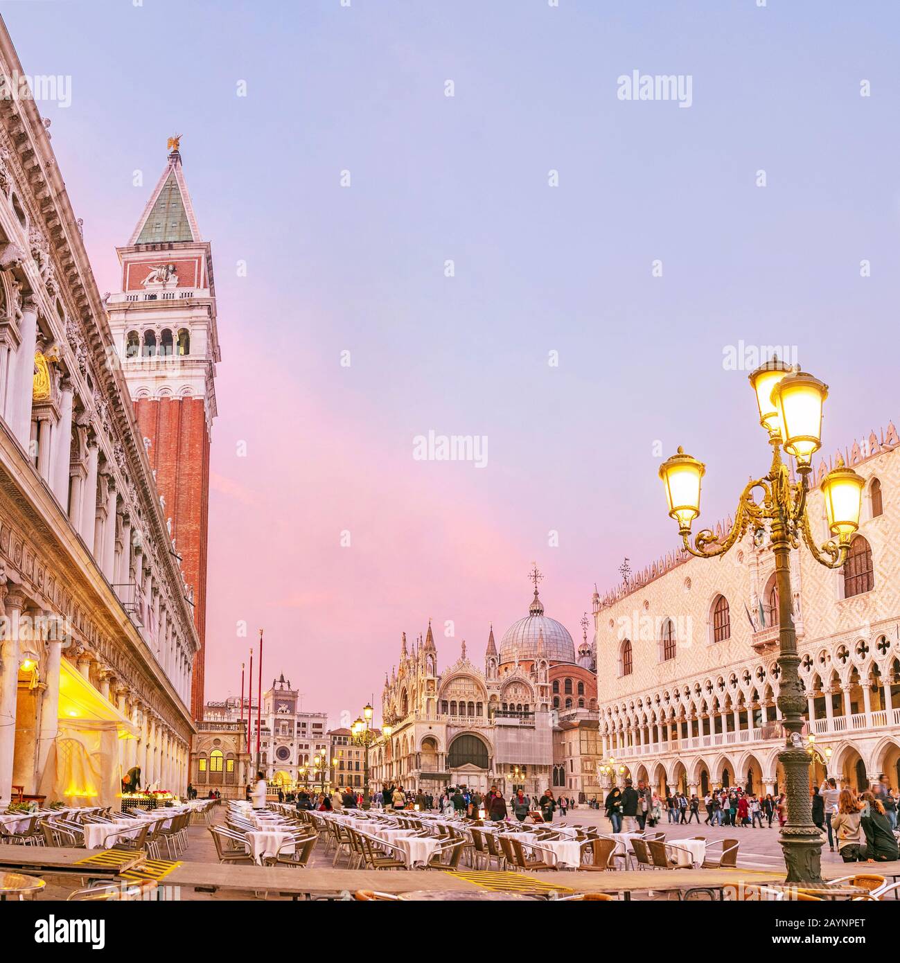 24 OCTOBER 2018, VENICE, ITALY: Famous tourist landmark San Marco Square in Venice at night time Stock Photo