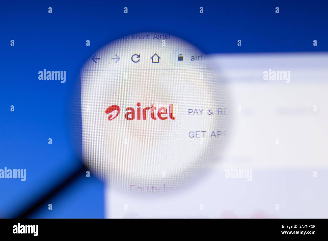 Saint-Petersburg, Russia - 18 February 2020: Bharti Airtel company website page logo on laptop display. Screen with icon, Illustrative Editorial Stock Photo