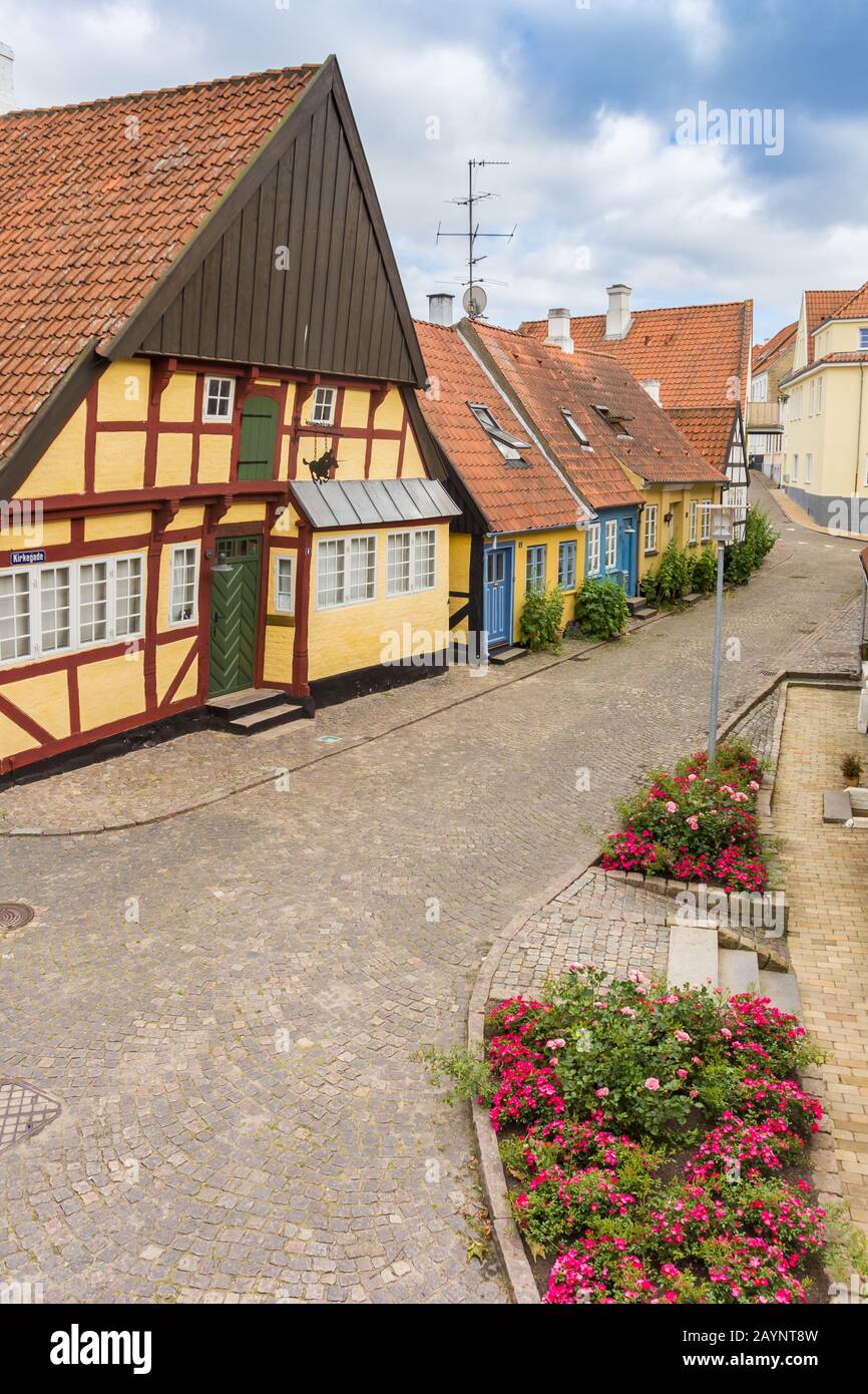 Street with half timbered houses in historic city Denmark