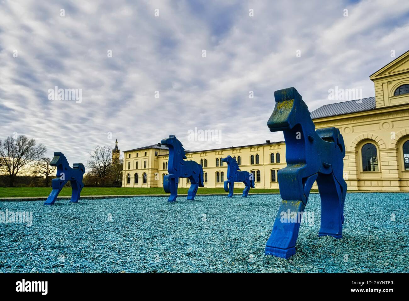 Sculptures Blue Horses at Marstall, Schwerin, Mecklenburg Western Pomerania, Germany Stock Photo