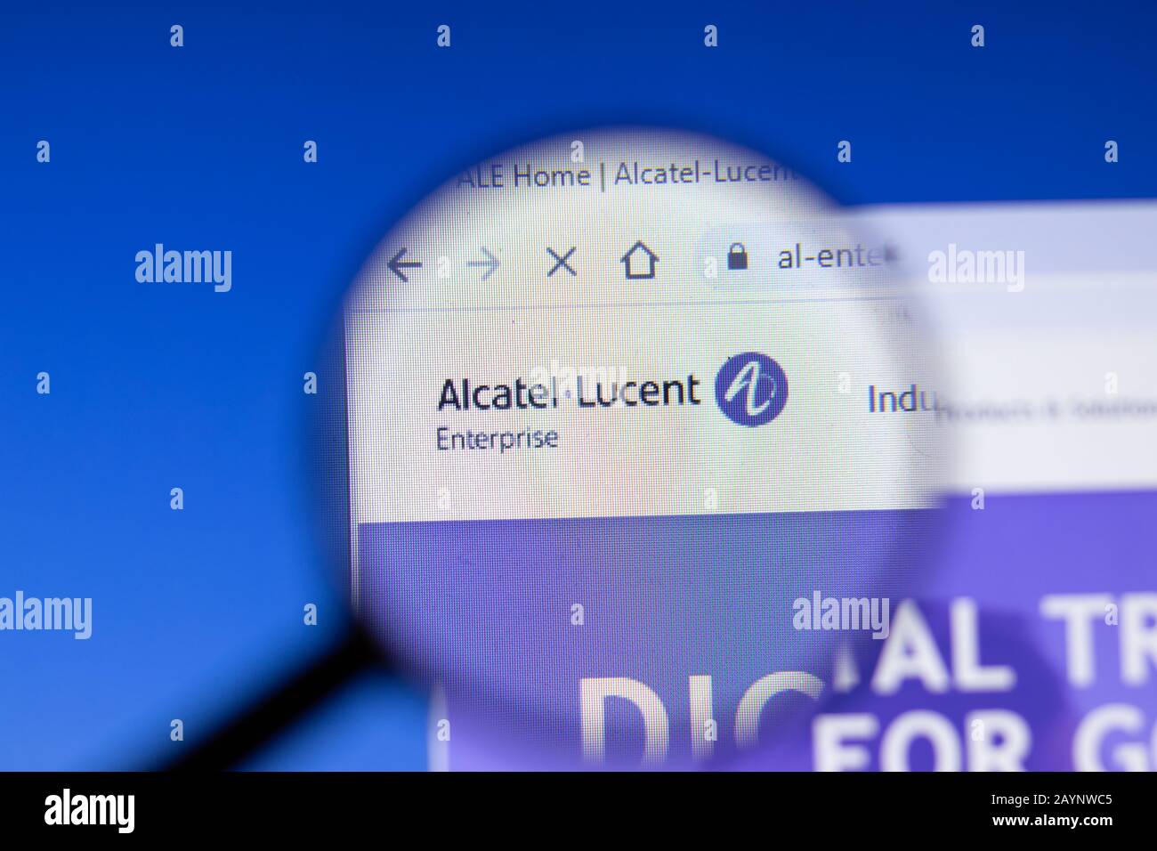 Saint-Petersburg, Russia - 18 February 2020: Alcatel-Lucent company website page logo on laptop display. Screen with icon, Illustrative Editorial Stock Photo