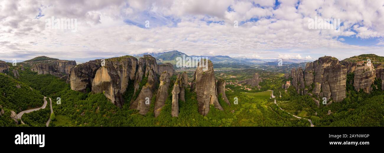 Kalampaka Aerial panorama view of a slide from a drone on a panorama of a ...