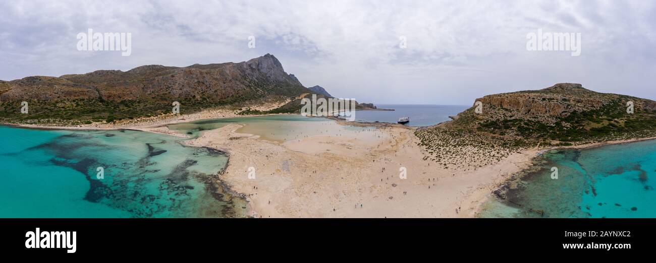 Amazing aerial panoramic view on the famous Balos beach in Balos lagoon and pirate island Gramvousa. Place of the confluence of three seas (Aegean, Ad Stock Photo