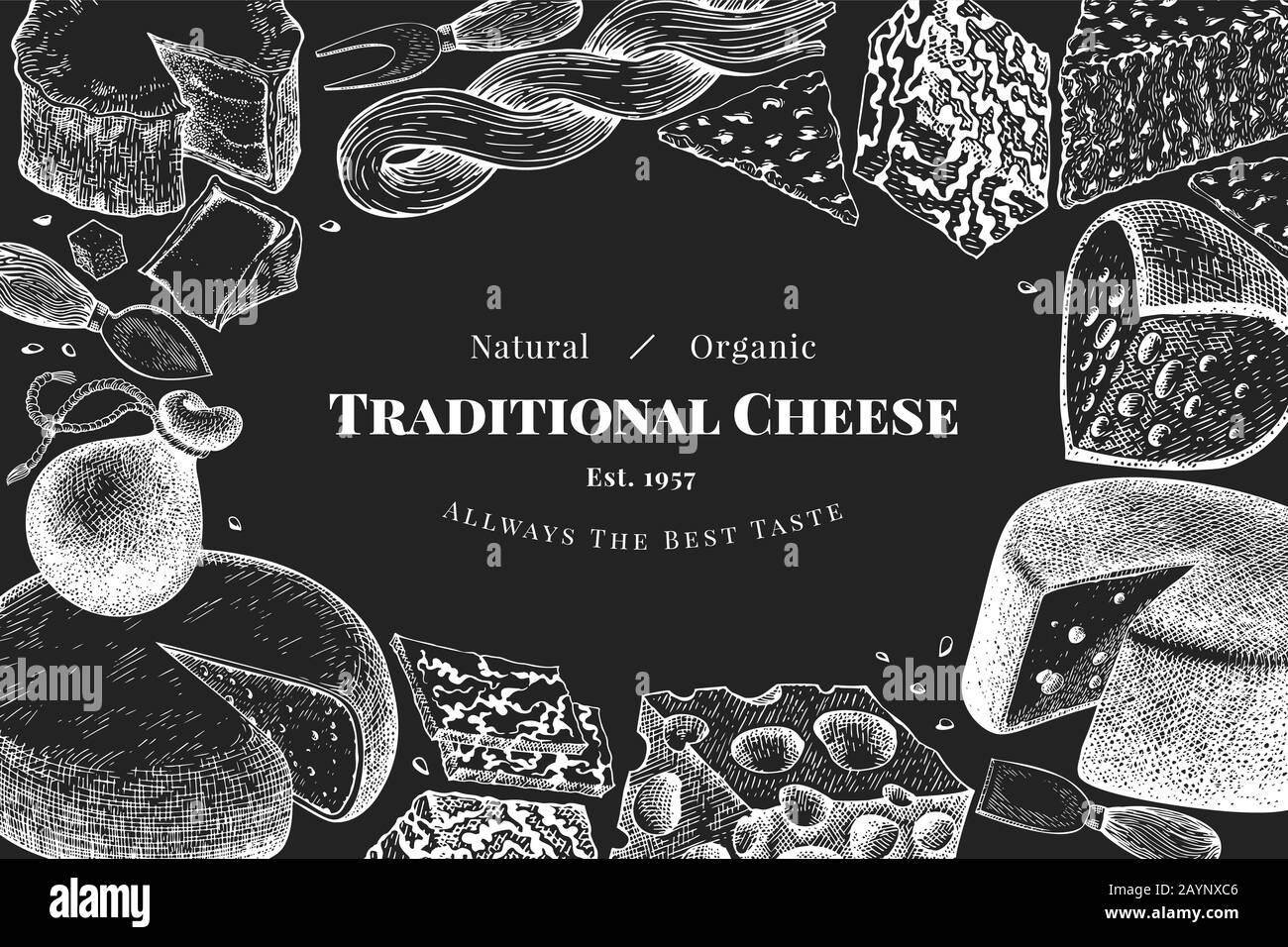 Cheese design template. Hand drawn vector dairy illustration on chalk
