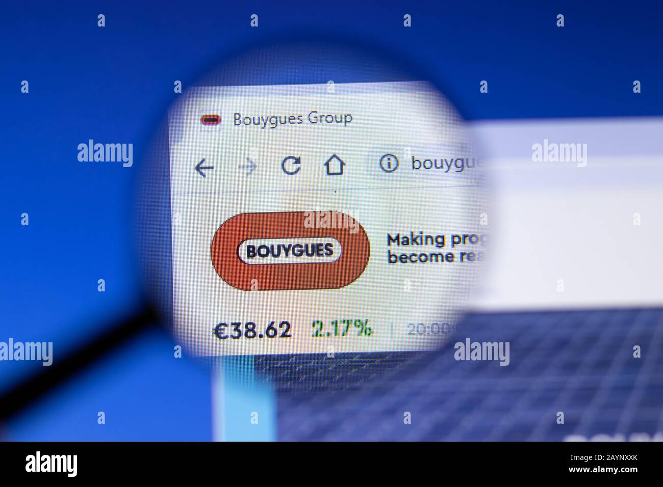 Saint-Petersburg, Russia - 18 February 2020: Bouygues company website page logo on laptop display. Screen with icon, Illustrative Editorial Stock Photo