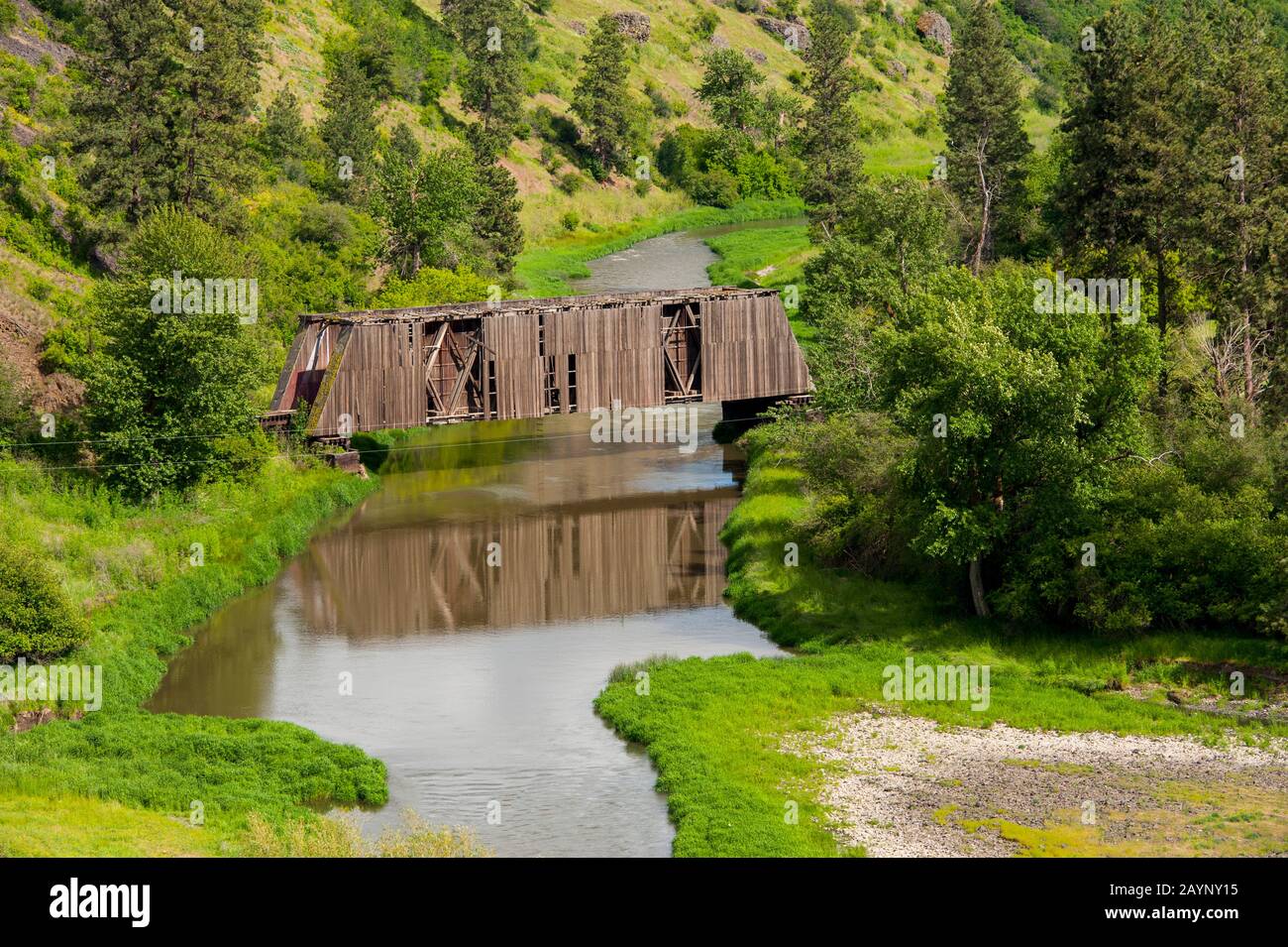 View of covered railroad bridge over the Palouse River near Colfax in