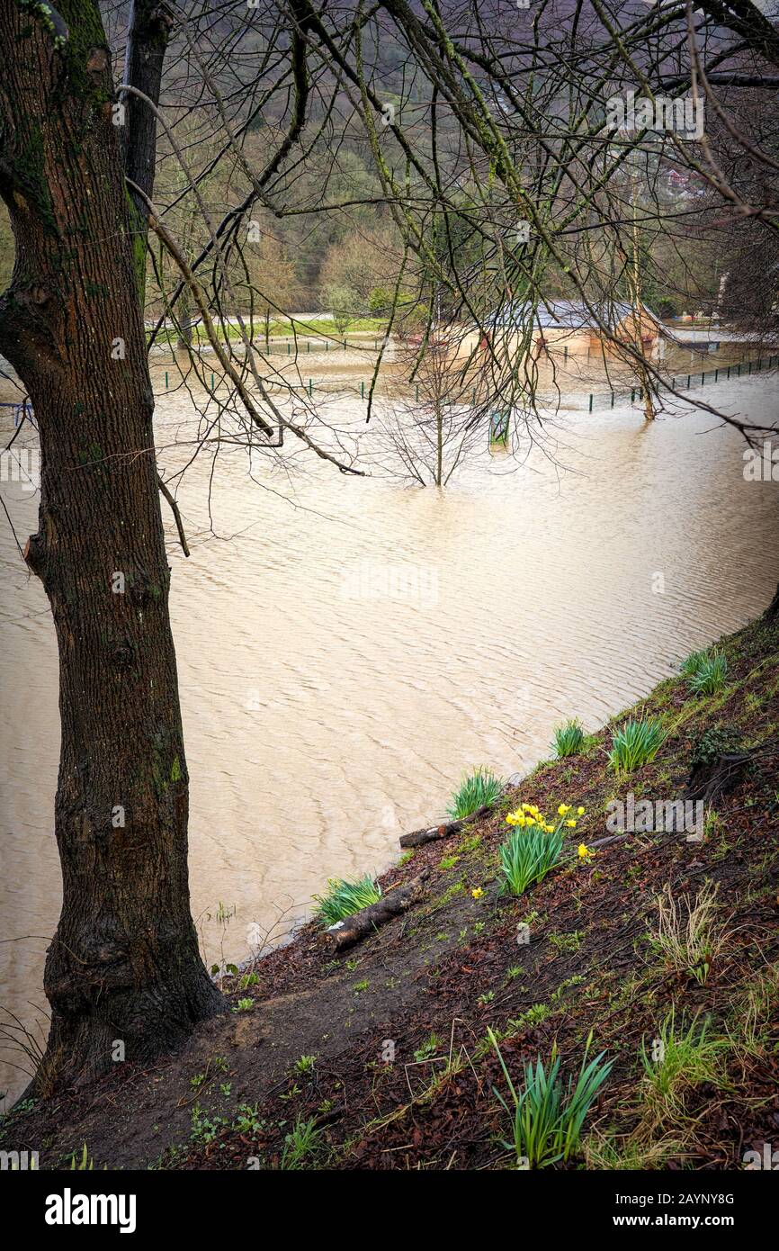 Taffs Well Park, South Wales, is flooded after The River Taff bursts its banks during Storm Dennis Feb 2020 Stock Photo